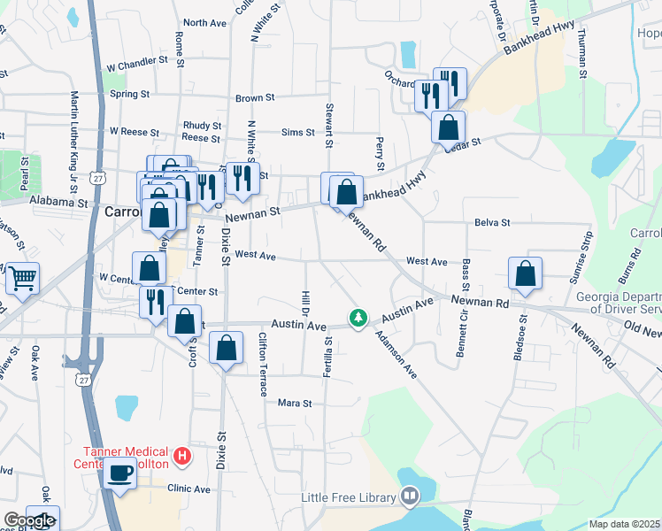 map of restaurants, bars, coffee shops, grocery stores, and more near 106 Adamson Avenue in Carrollton