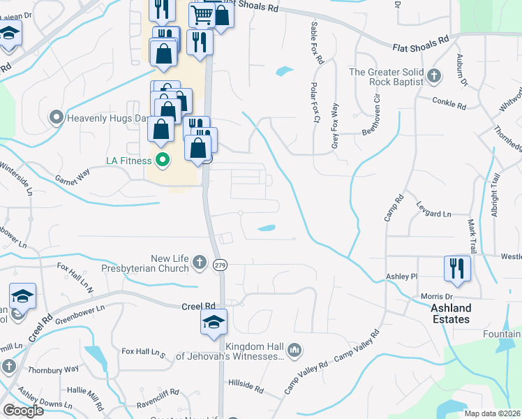 map of restaurants, bars, coffee shops, grocery stores, and more near 2384 Bigwood Trail in Atlanta