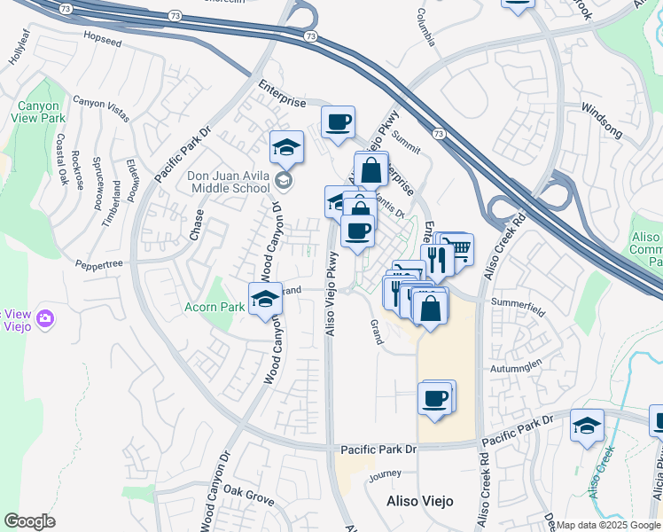 map of restaurants, bars, coffee shops, grocery stores, and more near Aliso Viejo Parkway in Aliso Viejo