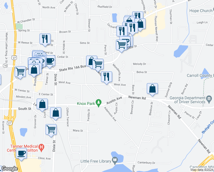 map of restaurants, bars, coffee shops, grocery stores, and more near 201 Newnan Road in Carrollton