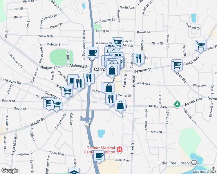 map of restaurants, bars, coffee shops, grocery stores, and more near 315 Bradley Street in Carrollton