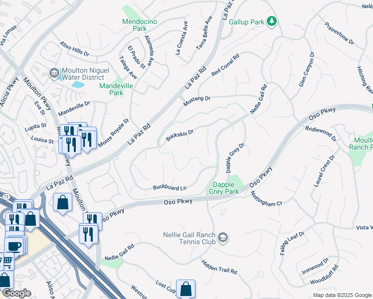 map of restaurants, bars, coffee shops, grocery stores, and more near 26501 Silver Saddle Lane in Laguna Hills