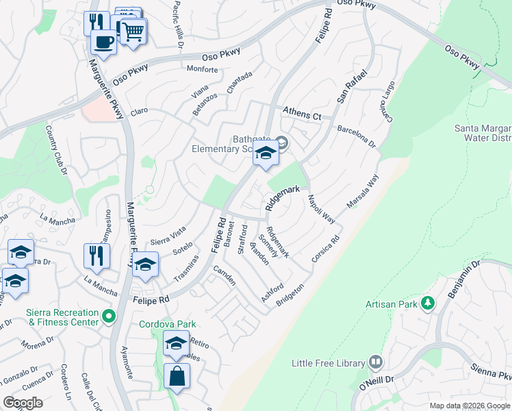 map of restaurants, bars, coffee shops, grocery stores, and more near 26497 Verdugo in Mission Viejo