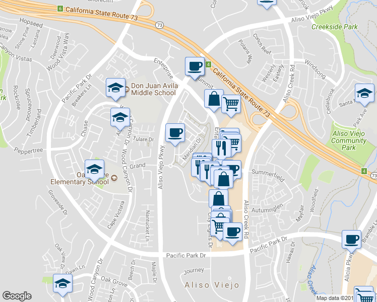 map of restaurants, bars, coffee shops, grocery stores, and more near 31 Brownstone Way in Aliso Viejo