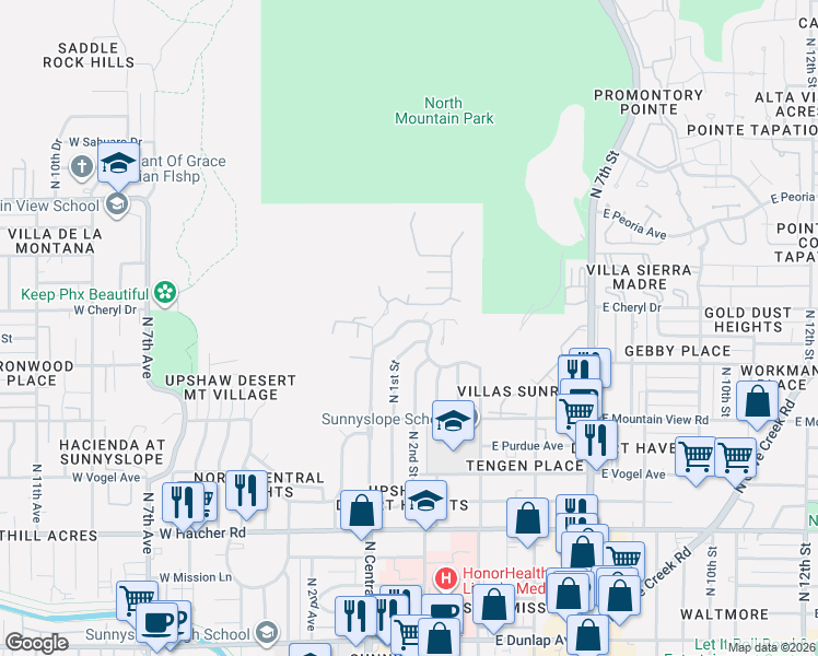 map of restaurants, bars, coffee shops, grocery stores, and more near 9862 North 1st Street in Phoenix