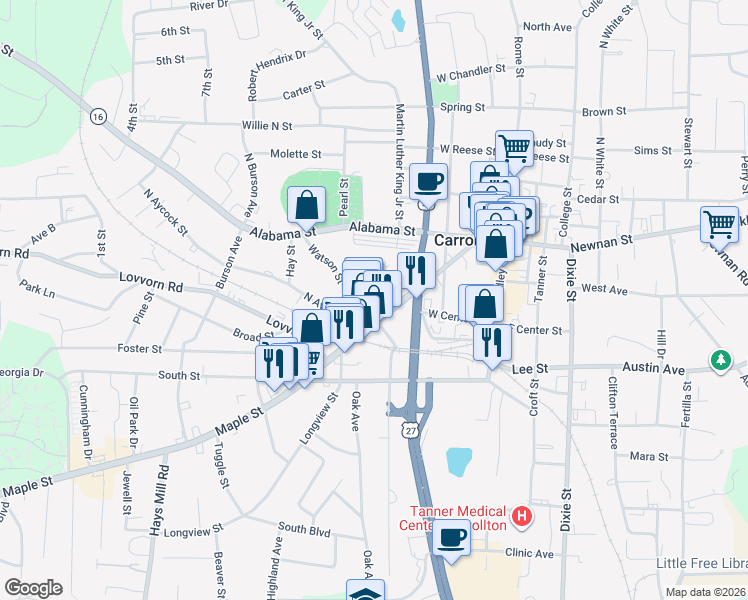 map of restaurants, bars, coffee shops, grocery stores, and more near 401d Maple Street in Carrollton