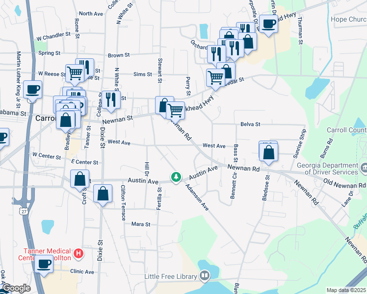 map of restaurants, bars, coffee shops, grocery stores, and more near 427 West Avenue in Carrollton