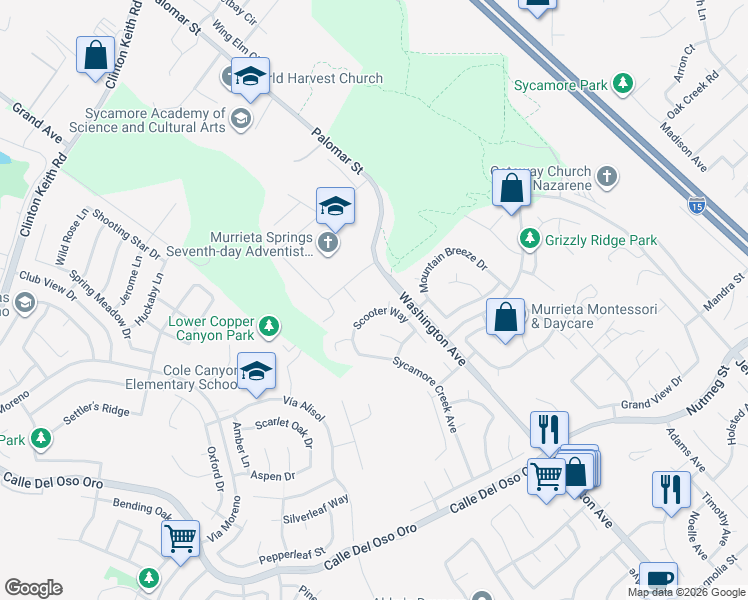 map of restaurants, bars, coffee shops, grocery stores, and more near 23515 Scooter Way in Murrieta