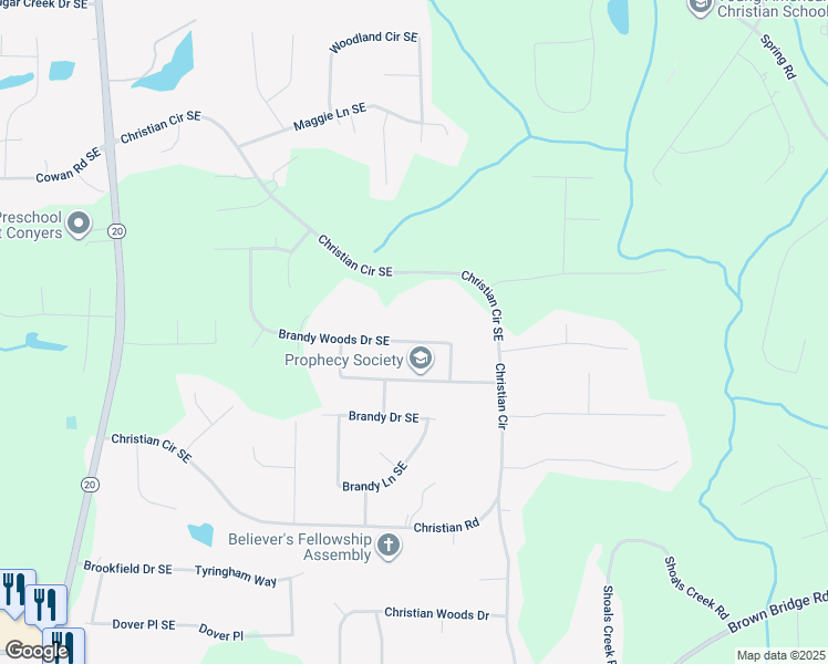 map of restaurants, bars, coffee shops, grocery stores, and more near 1818 Brandy Woods Drive Southeast in Conyers