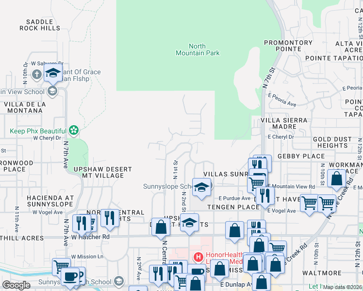 map of restaurants, bars, coffee shops, grocery stores, and more near 9862 North 1st Street in Phoenix