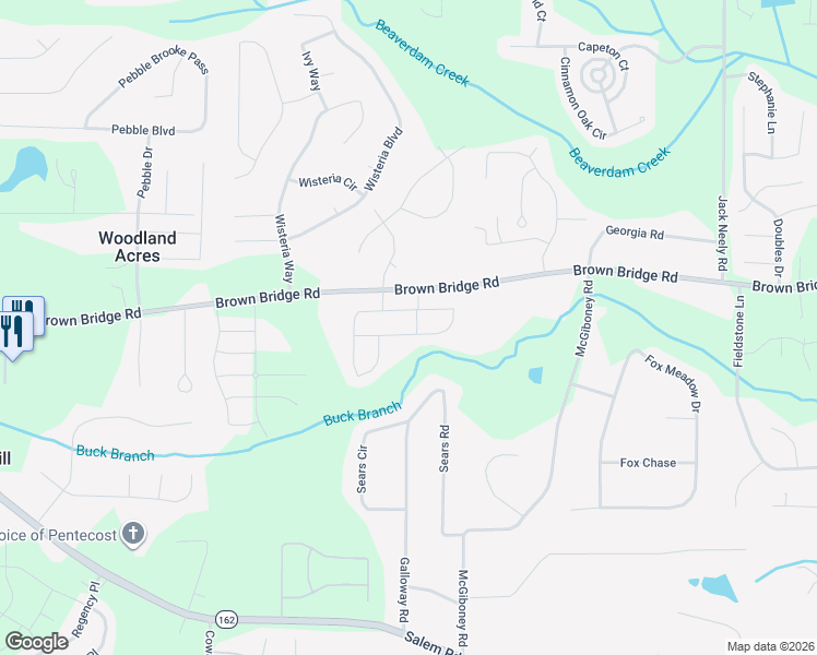 map of restaurants, bars, coffee shops, grocery stores, and more near 12427 Brown Bridge Road in Covington