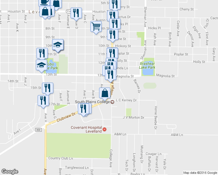 map of restaurants, bars, coffee shops, grocery stores, and more near 1408 College Avenue in Levelland