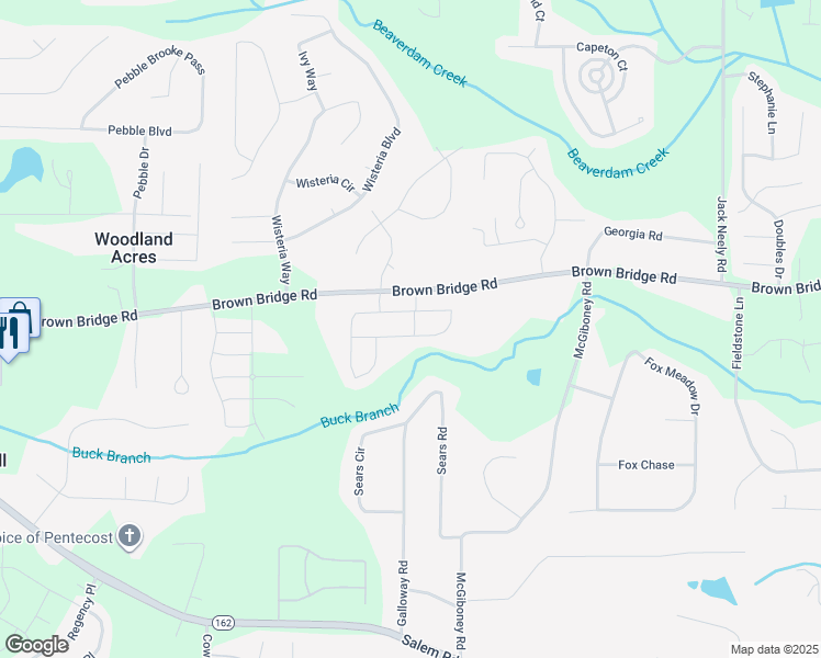 map of restaurants, bars, coffee shops, grocery stores, and more near 12427 Brown Bridge Road in Covington