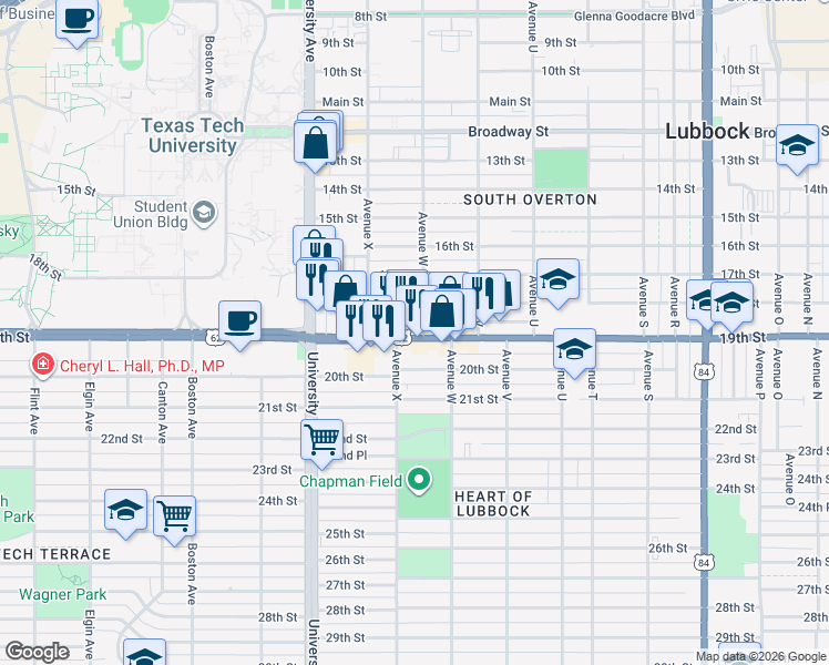 map of restaurants, bars, coffee shops, grocery stores, and more near 2339 19th Street in Lubbock