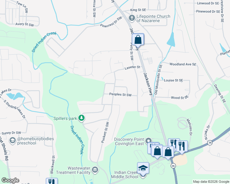 map of restaurants, bars, coffee shops, grocery stores, and more near 8112 Peoples Street Southwest in Covington