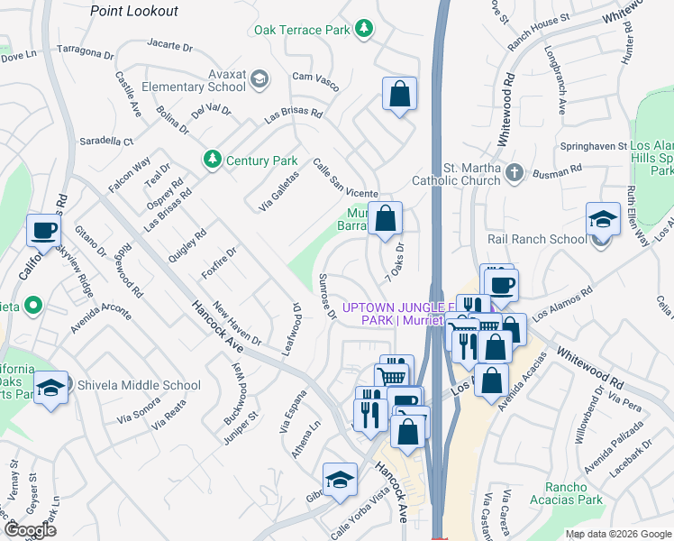 map of restaurants, bars, coffee shops, grocery stores, and more near 39579 Silverberry Court in Murrieta