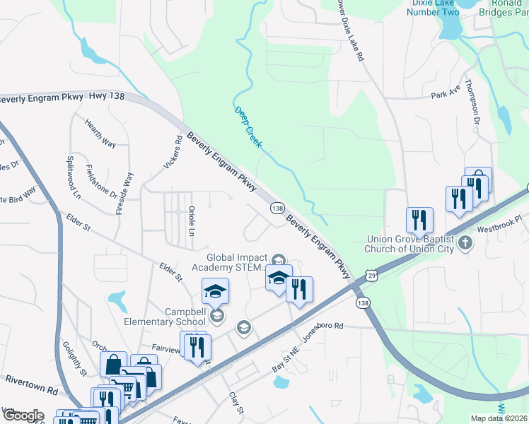 map of restaurants, bars, coffee shops, grocery stores, and more near 5130 Lincoln Drive in Fairburn