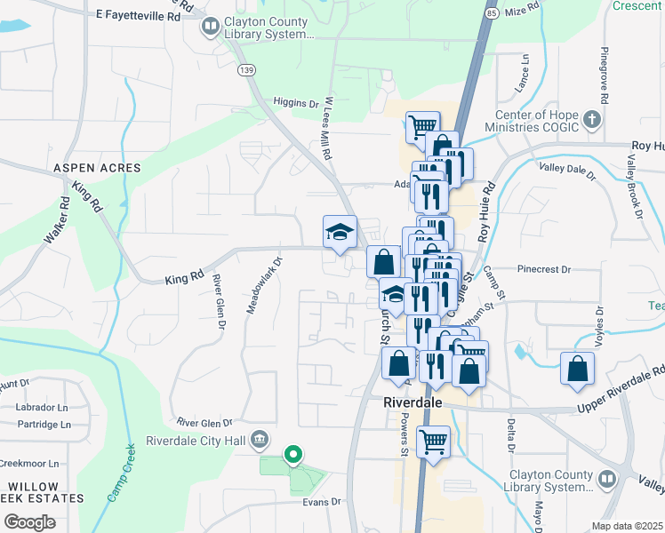 map of restaurants, bars, coffee shops, grocery stores, and more near 828 King Road in Riverdale