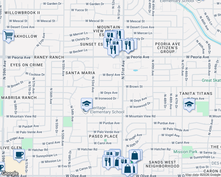 map of restaurants, bars, coffee shops, grocery stores, and more near 5119 West Onyx Avenue in Glendale