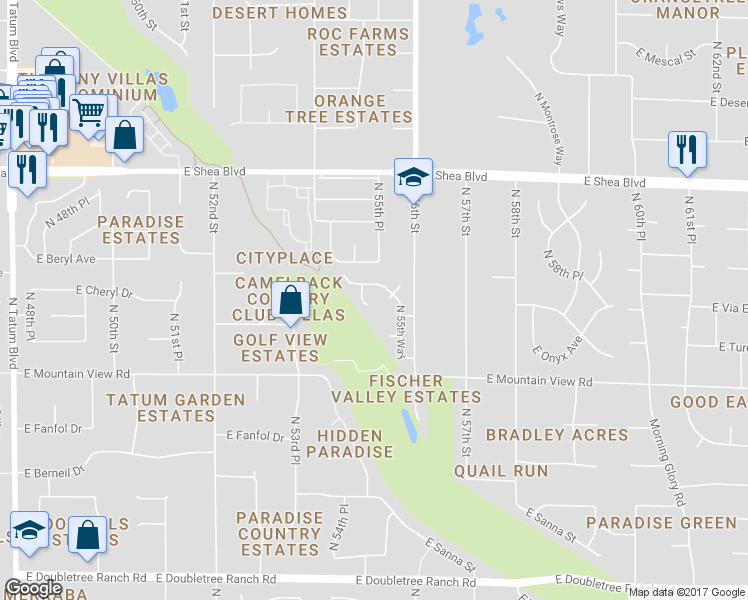 map of restaurants, bars, coffee shops, grocery stores, and more near 10007 North 55th Street in Paradise Valley