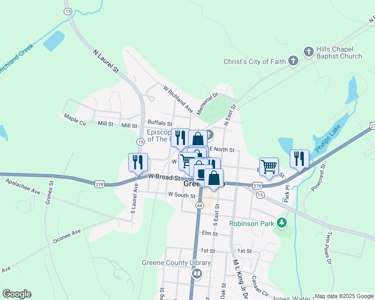 map of restaurants, bars, coffee shops, grocery stores, and more near 207 Greensboro Road in Eatonton