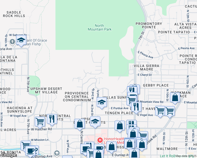 map of restaurants, bars, coffee shops, grocery stores, and more near 120 East Foothill Drive in Phoenix