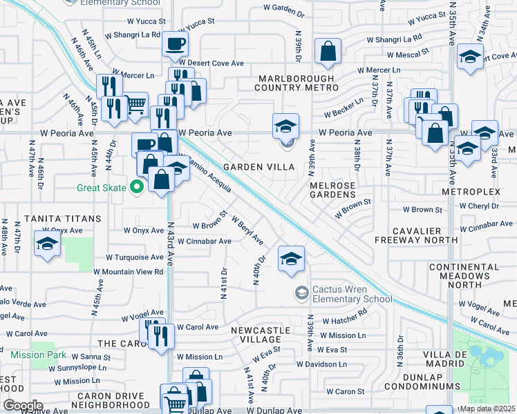 map of restaurants, bars, coffee shops, grocery stores, and more near 4036 West Cinnabar Avenue in Phoenix