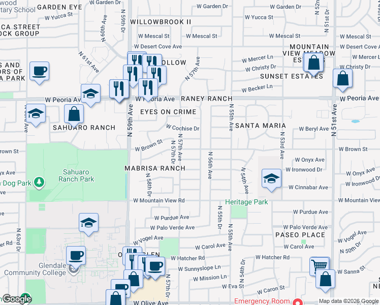 map of restaurants, bars, coffee shops, grocery stores, and more near 5621 West Cheryl Drive in Glendale
