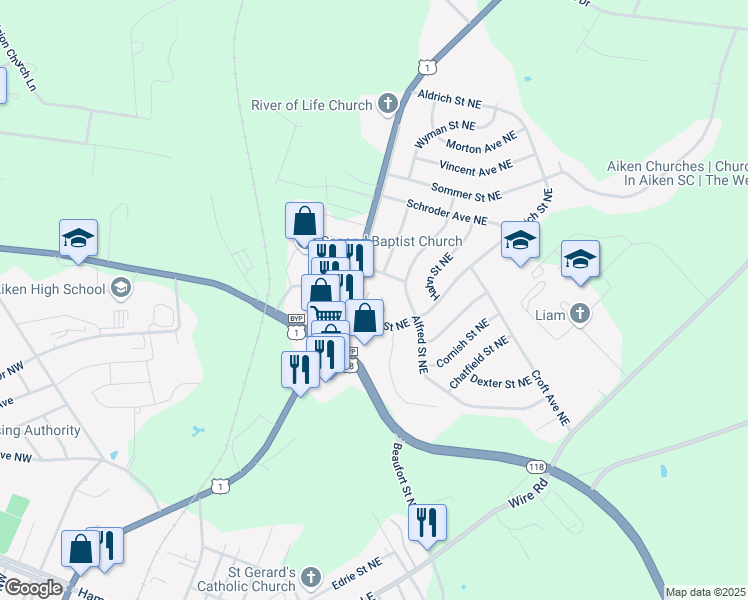 map of restaurants, bars, coffee shops, grocery stores, and more near 656 Aldrich Street Northeast in Aiken