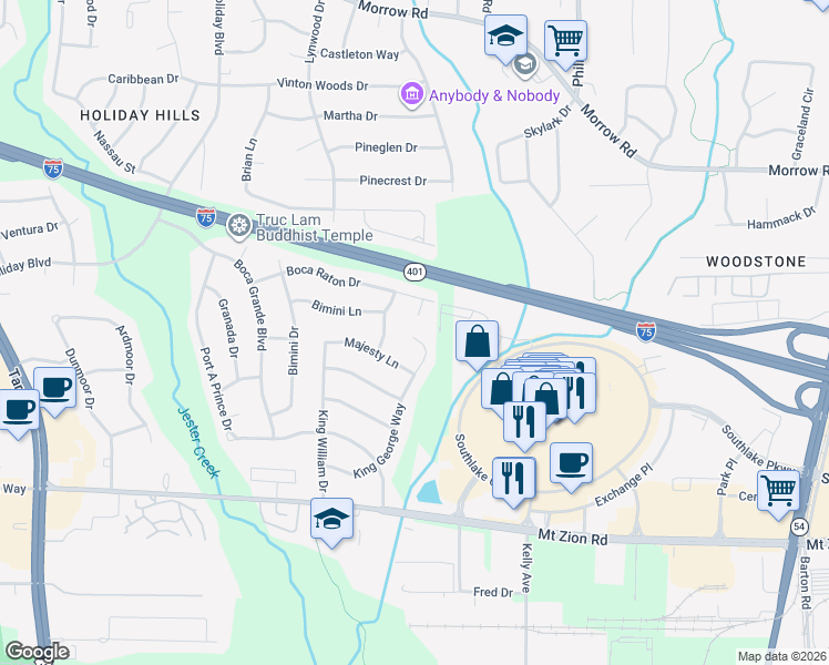 map of restaurants, bars, coffee shops, grocery stores, and more near 6455 King George Way in Morrow