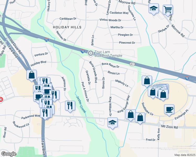 map of restaurants, bars, coffee shops, grocery stores, and more near 6460 Boca Grande Boulevard in Forest Park