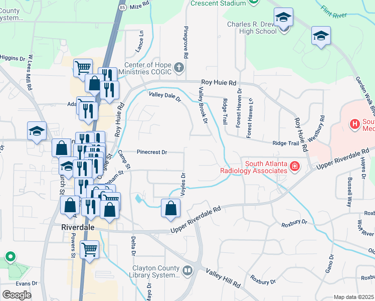 map of restaurants, bars, coffee shops, grocery stores, and more near 393 Riverbrook Court in Riverdale