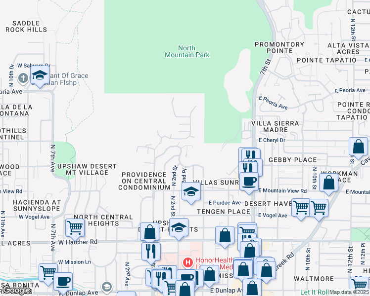 map of restaurants, bars, coffee shops, grocery stores, and more near 120 East Foothill Drive in Phoenix