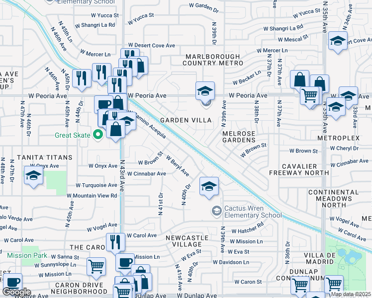 map of restaurants, bars, coffee shops, grocery stores, and more near 4036 West Cinnabar Avenue in Phoenix
