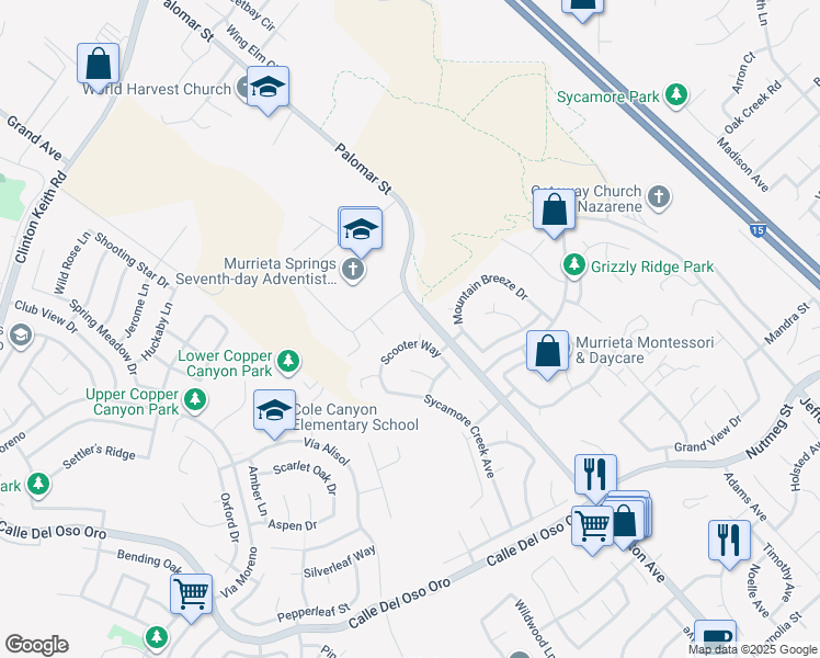 map of restaurants, bars, coffee shops, grocery stores, and more near 23515 Scooter Way in Murrieta