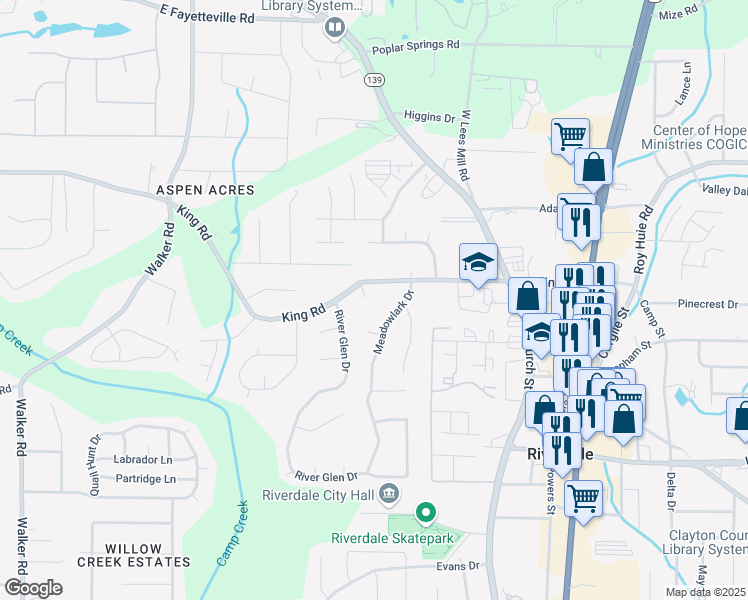 map of restaurants, bars, coffee shops, grocery stores, and more near 6482 Cardinal Place in Riverdale