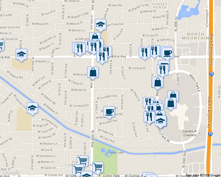 map of restaurants, bars, coffee shops, grocery stores, and more near 10034 North 33rd Drive in Phoenix