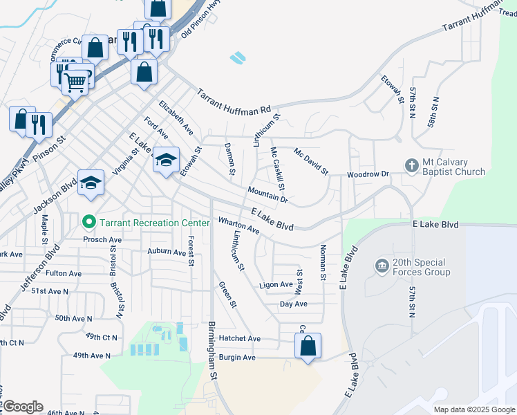 map of restaurants, bars, coffee shops, grocery stores, and more near 1724 East Lake Boulevard in Birmingham