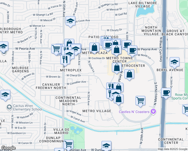 map of restaurants, bars, coffee shops, grocery stores, and more near 10202 North 32nd Lane in Phoenix
