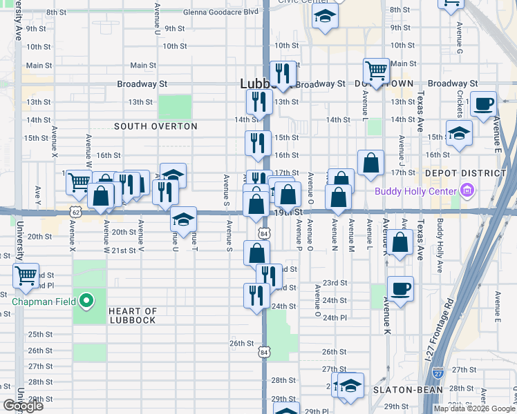 map of restaurants, bars, coffee shops, grocery stores, and more near in Lubbock