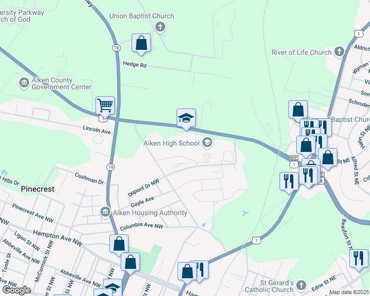 map of restaurants, bars, coffee shops, grocery stores, and more near 449 Rutland Drive in Aiken