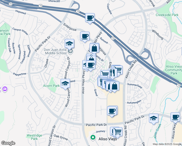 map of restaurants, bars, coffee shops, grocery stores, and more near 7 Latitude Drive in Aliso Viejo