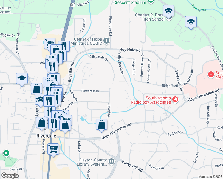 map of restaurants, bars, coffee shops, grocery stores, and more near 393 Riverbrook Court in Riverdale