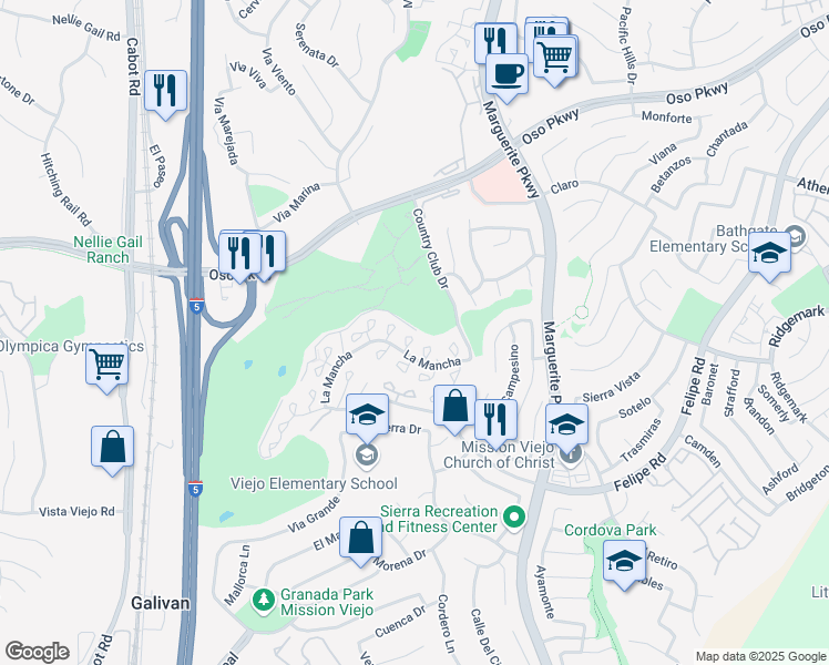 map of restaurants, bars, coffee shops, grocery stores, and more near 26481 Anselmo in Mission Viejo