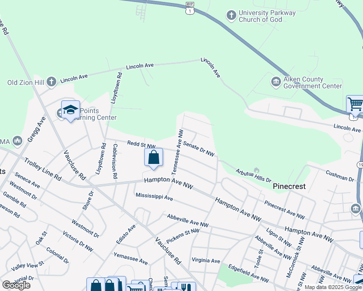 map of restaurants, bars, coffee shops, grocery stores, and more near 1387 Senate Drive Northwest in Aiken