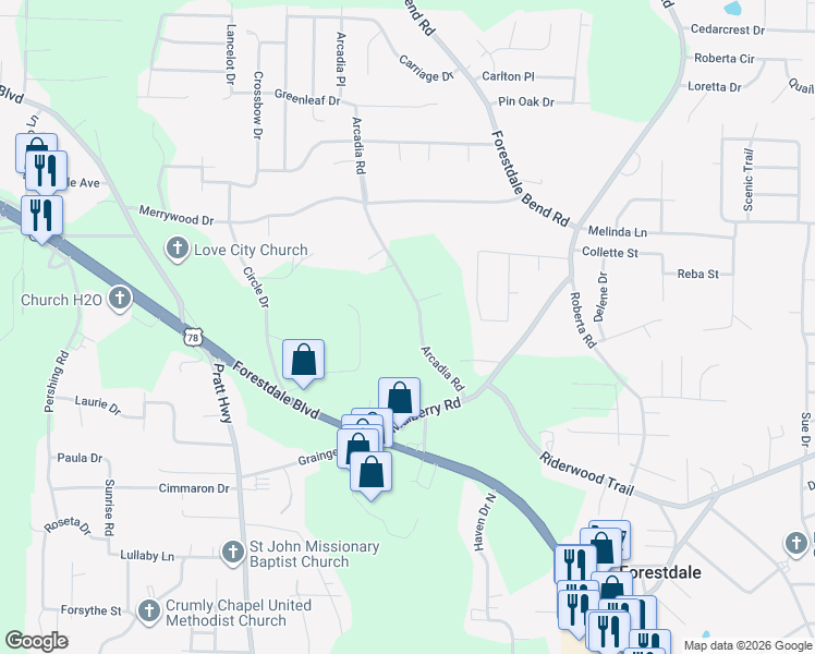 map of restaurants, bars, coffee shops, grocery stores, and more near 2127 Maywood Drive in Birmingham