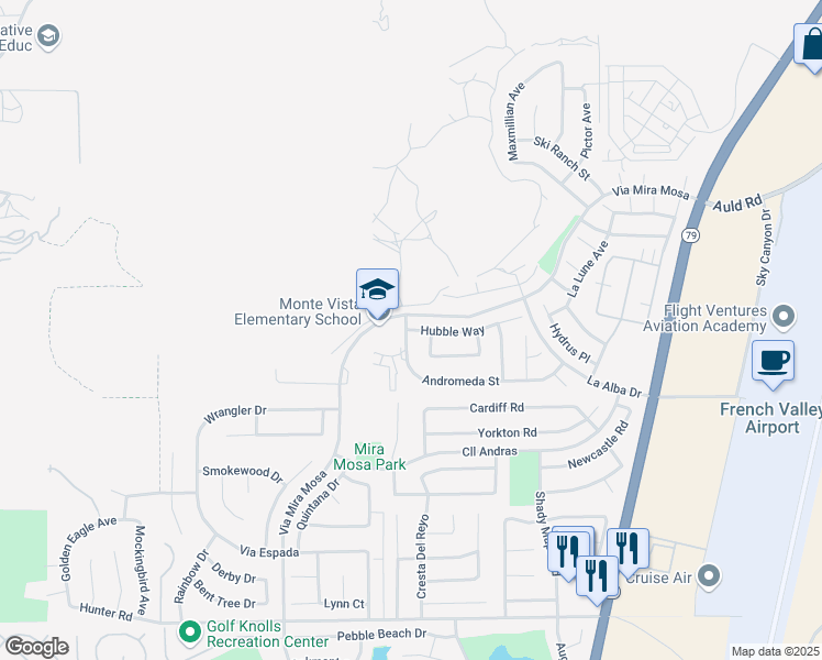 map of restaurants, bars, coffee shops, grocery stores, and more near 29268 Hubble Way in Murrieta