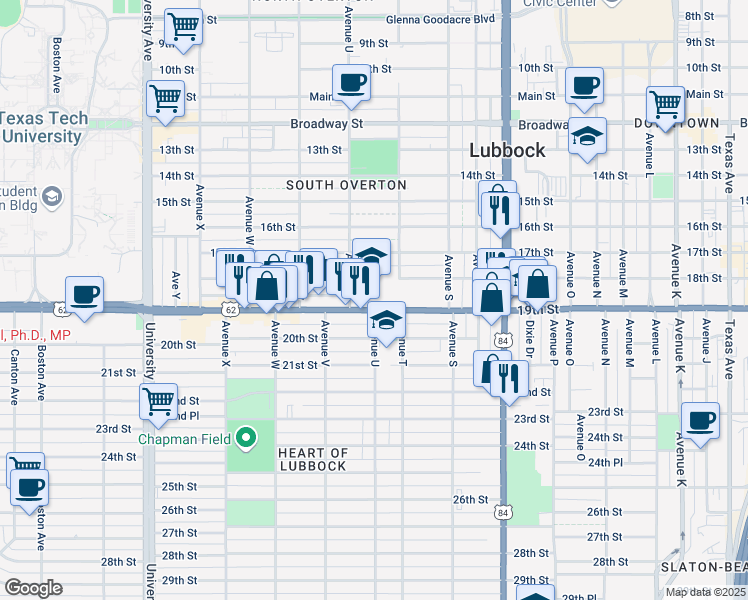 map of restaurants, bars, coffee shops, grocery stores, and more near 1901-1999 Avenue U in Lubbock