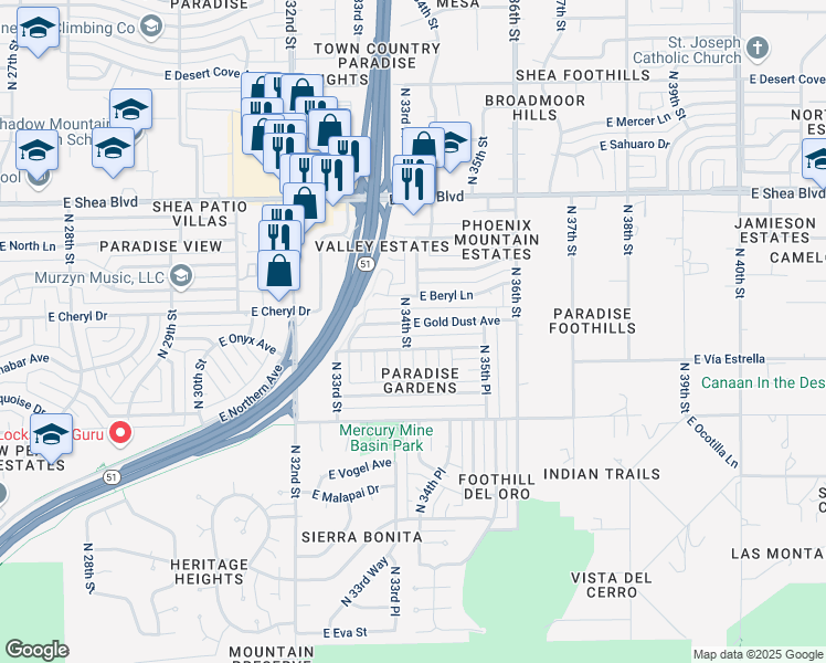 map of restaurants, bars, coffee shops, grocery stores, and more near 10009 North 34th Place in Phoenix
