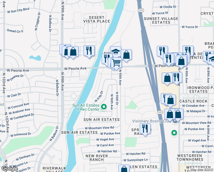 map of restaurants, bars, coffee shops, grocery stores, and more near 10220 North 97th Avenue in Peoria
